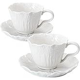 KAITOER 2 Pack White Ceramic Cups and Saucers Coffee Cups with Cabbage Floral Design 200ml (7 oz) Tea Cups for Espresso, Latte, Porcelain Mugs