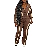 AWASIR Women Striped 2 Piece Outfits Long Sleeve Zip Up Jacket Top and Wide Leg Pants Set Tracksuits with Pocket