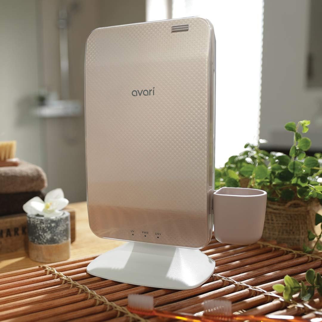Avari Dual UV & Heat Premium Toothbrush Sanitizer, Antibacterial Germ Free Sterilizer for Toothbrush and Razor Hygiene, with Stand and Wall Mount, AC Adapter plus Toothpaste Holder - Champagne