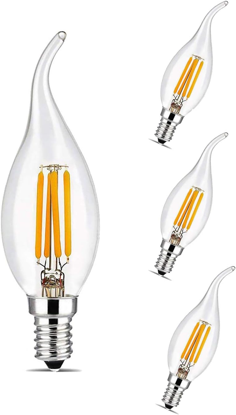 Pacaly 4w C37 E14 LED Bulb, 40w Incandescent Bulbs Equivalent, Tungsten lamp, Non-dimmable, Warm White, Candle Bulb, Candelabra Bulb 4 Packs