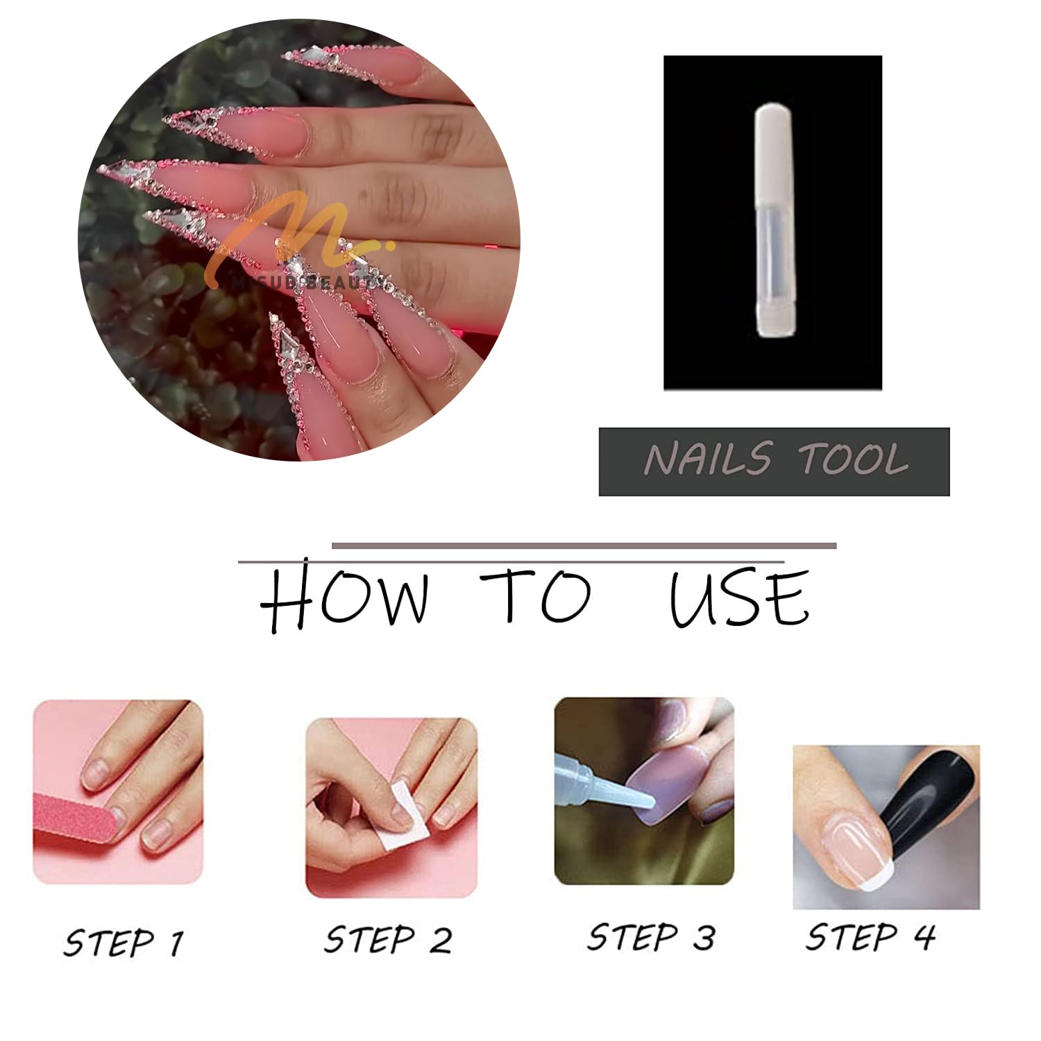 MISUD Press on Nails Long Stiletto Fake Nails Glossy Glue on Nails Almond Acrylic Nails Luxury Rhinestone Artificial Nails Bling Glitter Stick on False Nails with Design for Wedding 24 pcs - Image 6