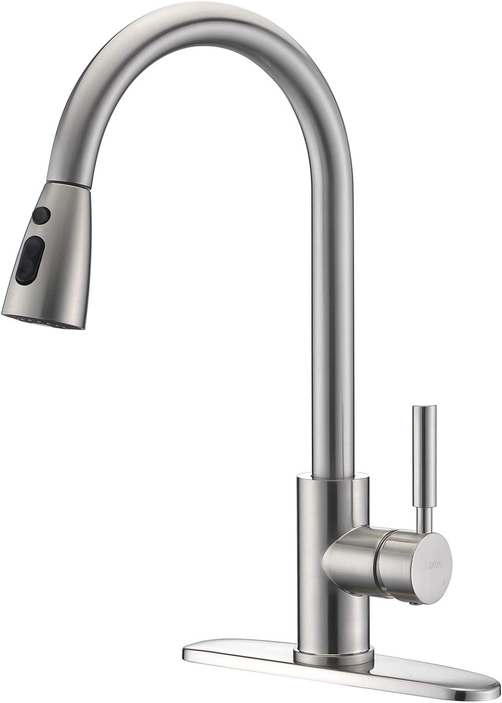 Fonveth Best Commercial Single Handle High Arc Brushed Nickel Pull Down Sprayer Kitchen Sink Faucet,Lead-Free Stainless Steel Single Lever Pull Out Kitchen Faucets With Deck Plate