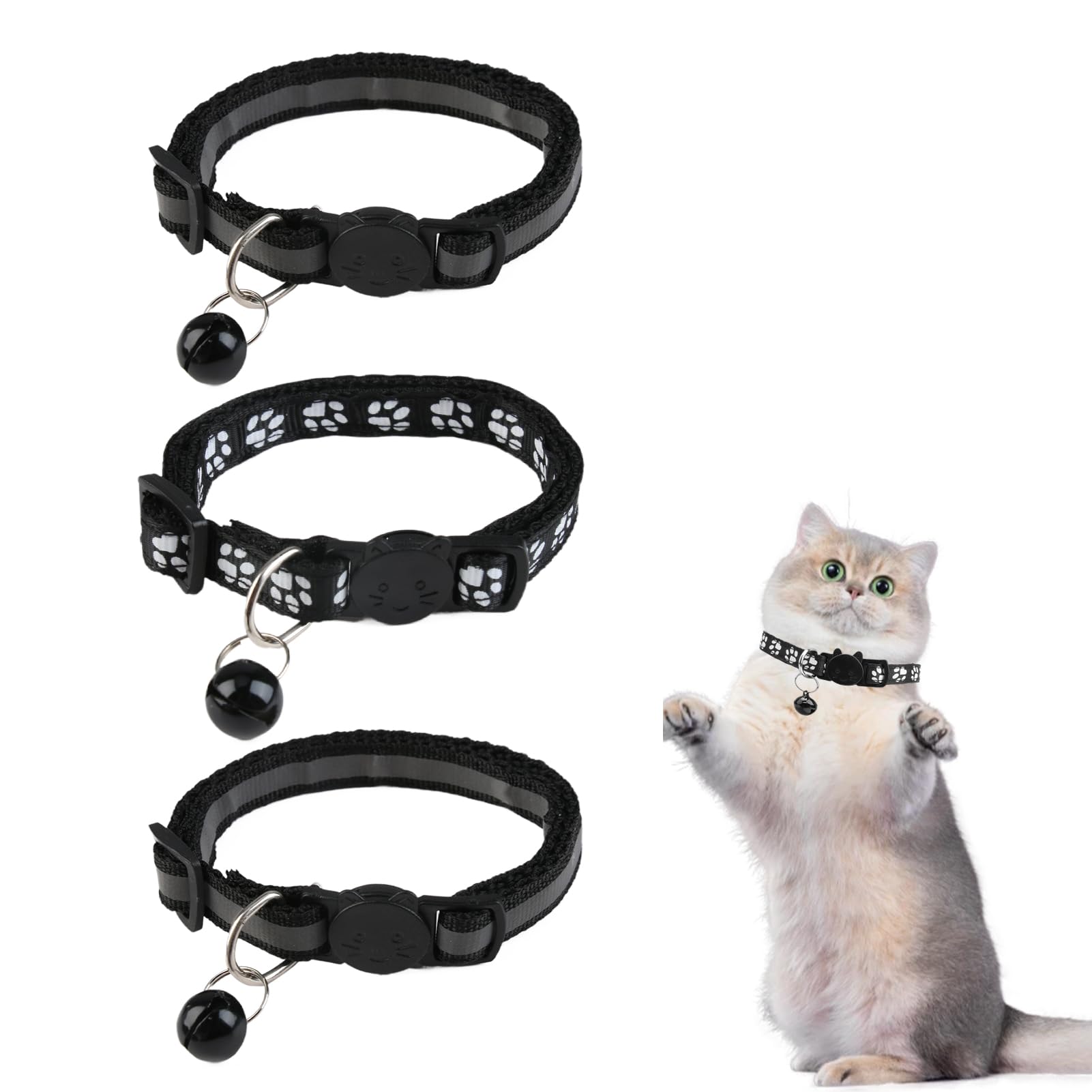 3 Pack Cat Collars Quick Release Reflective, Adjustable Cat Collar with Bell and Safety Release Pet Collar Breakaway Buckle Puppy Collars Glow in Dark for Kittens Puppies 19-32cm, Black