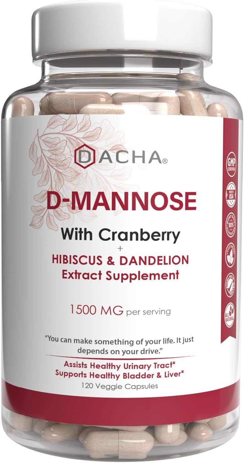 Natural D-Mannose Capsules 4-in-1 Formula - 120 CAPS, 1500 MG Cranberry, Dandelion, Hibiscus Flower Extract, Fast-Acting Pills for Bladder Health, Urinary Tract Infection UTI Support Flush Impurities: Health & Personal Care