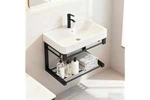 20-inch black floating wall-mounted bathroom sink with ceramic basin and open shelf, compact design specifically designed for