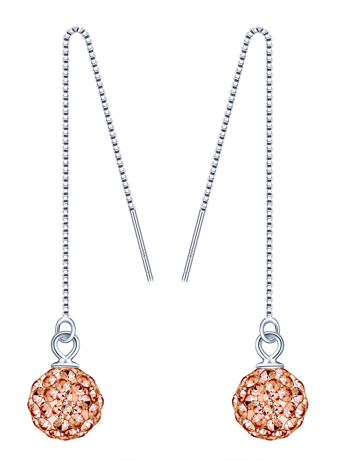 Woman's Girl's Sterling silver Earrings, 925 silver Thread, Ear Wire for girl, Color shiny crystal ball Dangle & Drop, gift for Birthday, Valentine's Day and Christmas