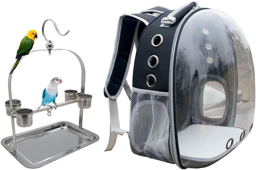 KEBY Parrot Backpack Carrier with Parrot Ladder Tray Bird Travel Bag Space Capsule Transparent Breathable 360° Sightseeing (Black)