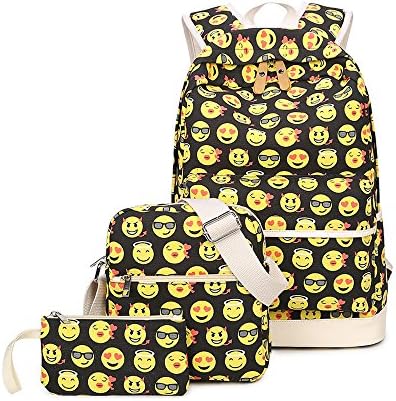SUNSHAK Emoji School Backpack for Girls Boys Cute Canvas Bookbags Handbag Purse (Yellow)