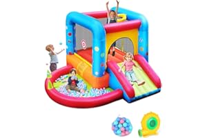 Step4Fun Inflatable Bounce House, Kids Castle Slide Bouncer for Children Jumping Outdoor and Indoor Party, Baby Backyard Water Jumper Toy with Blower, Ball Pit Pool, Ideal Gifts（112 x 98 x 65”）