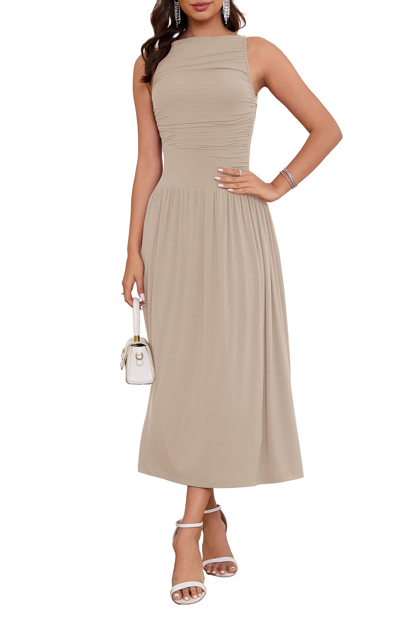 Photo 1 of LUNAMODA Women's Summer Sleeveless Maxi Dresses Casual Ruched Boat Neck High Waist Wedding Cocktail Long Flowy Tank Dress Beige, Small