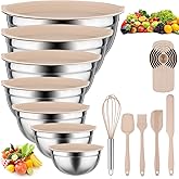 Mixing Bowls with Lids set - 25 PCS Stainless Steel Nesting Khaki Mixing Bowls Set for Baking,Mixing,Serving & Prepping,Size 5, 3.7, 2.8, 2.3, 1.7, 1.1, 0.7QT, 11 Cooking Utensils