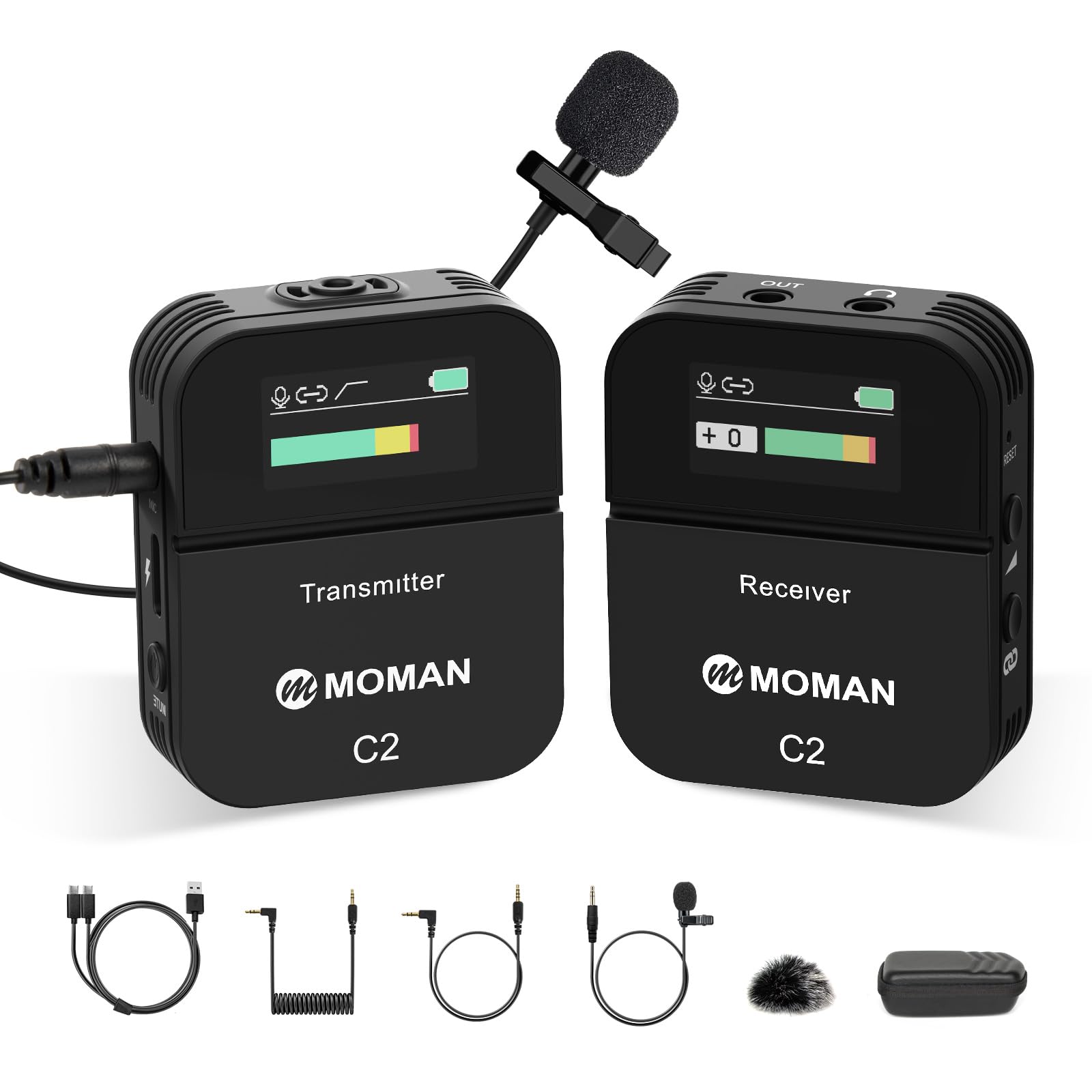 Moman C2 2.4GHz Wireless Lavalier Microphone System with 1 Transmitter, 1 Receiver & 1 Lapel Microphone for Laptop, DSLR, Camcorder, Recorder, Tablet, Smartphone