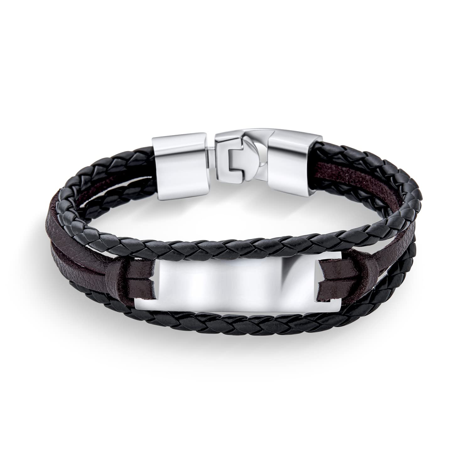 Bling Jewelry Unisex Personalize Black Rope Cord Brown leather Stacking Multi Strand Identification Name Bracelet For Men Teens Silver Tone Stainless Steel Customizable