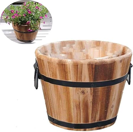 Cjswt Klassische Haus Und Garten Aus Holz Eimer Fass Pflanzgefasse Pflanzgefasse Container Mit Drainagelochern Fur Patio Garten Outdoor Indoor Decor 17 15cm Amazon De Garten