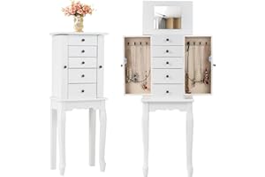 Giantex Standing Jewelry Armoire Cabinet with 4 Drawers, Flip Top Mirror, Top Storage Compartments, 2 Side Doors with 8 Necklace Hooks, Freestanding Jewelry Organizer Box Chest (White)