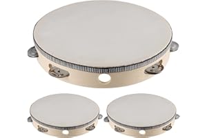 SINJEUN 3 Pack 10 Inch Tambourine for Adults Wooden Tambourine, Hand Held Drum Bell Birch Metal Jingles Percussion, Single Row Instrument Wood Tambourine Musical Instrument for Church, KTV, Party