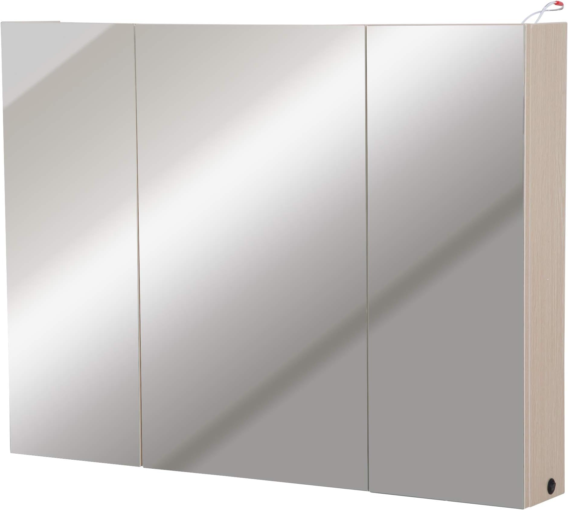 kleankin Triple Door LED Wall Mounted Glass Mirror Cabinet Modern Storage Unit Bathroom Shelf Organiser Waterproof Wooden Frame 90W x 68H x13.5T cm - Oak