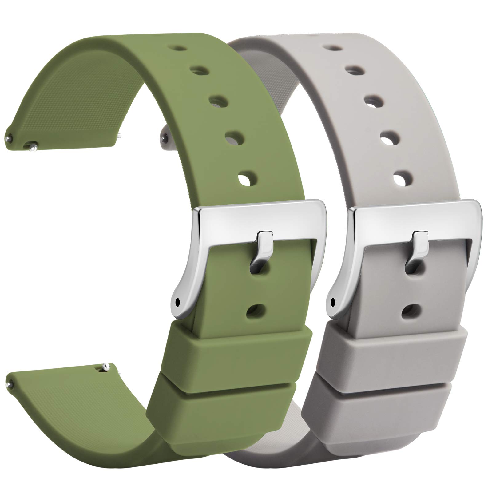 Silicone Watch Straps 20mm Quick Release - Grey Green Soft Rubber Watch Bands Replacement - Waterproof Military Style Watch Strap for Men Ladies - for Smart Watch Straps Clasp Buckle