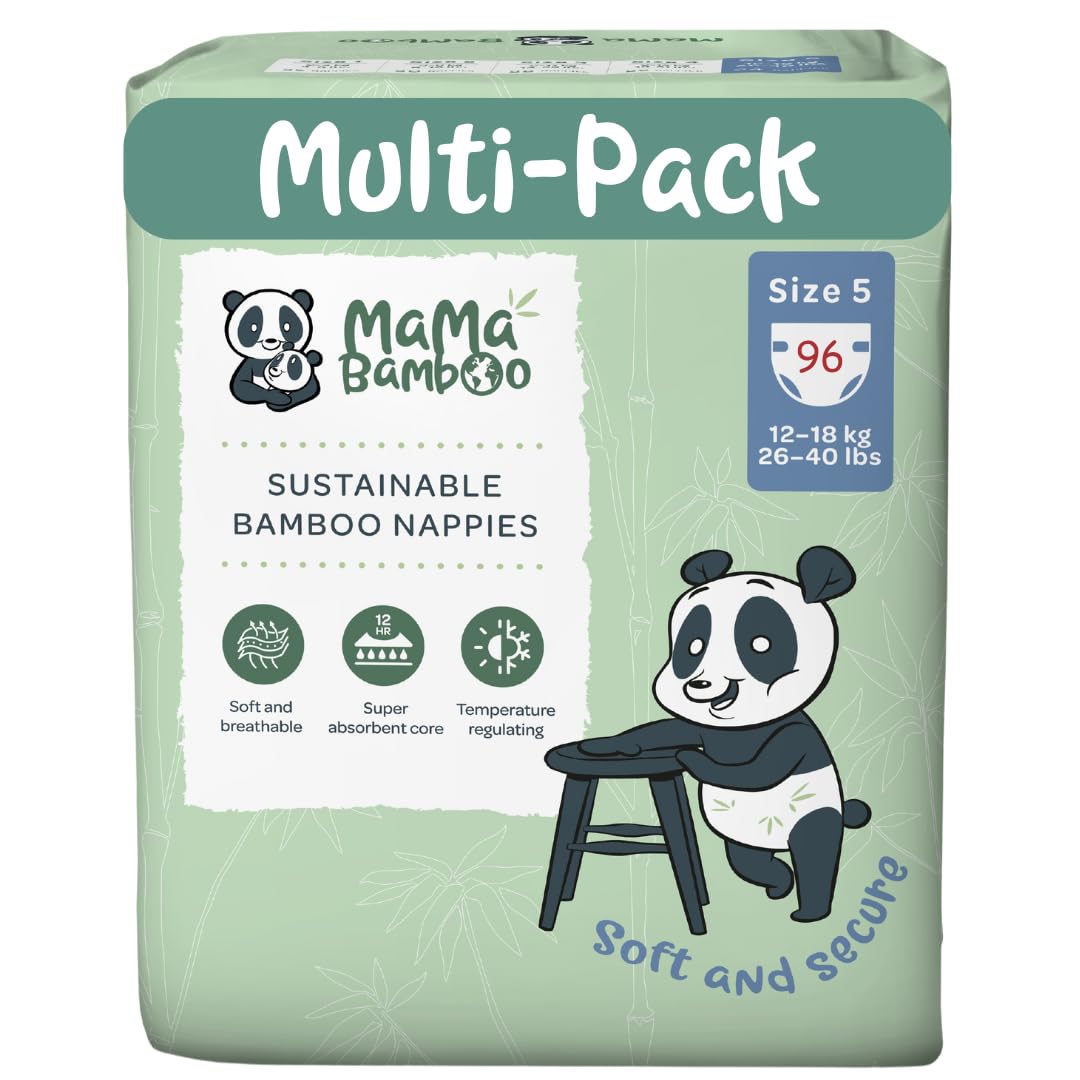 Mama Bamboo Soft, Breathable, Sustainable Bamboo Nappies (Size 5) - Multipack 96 Nappies