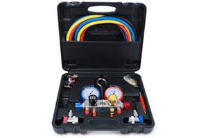 FIWARY 4 Way AC Gauge Set, AC Manifold Gauge Set fits for R410a R22 R134a Refrigerant with 5ft Hoses, R410a Adapters, R410A Gauges, R134A Refrigerant, Can Tap, in Storage Case