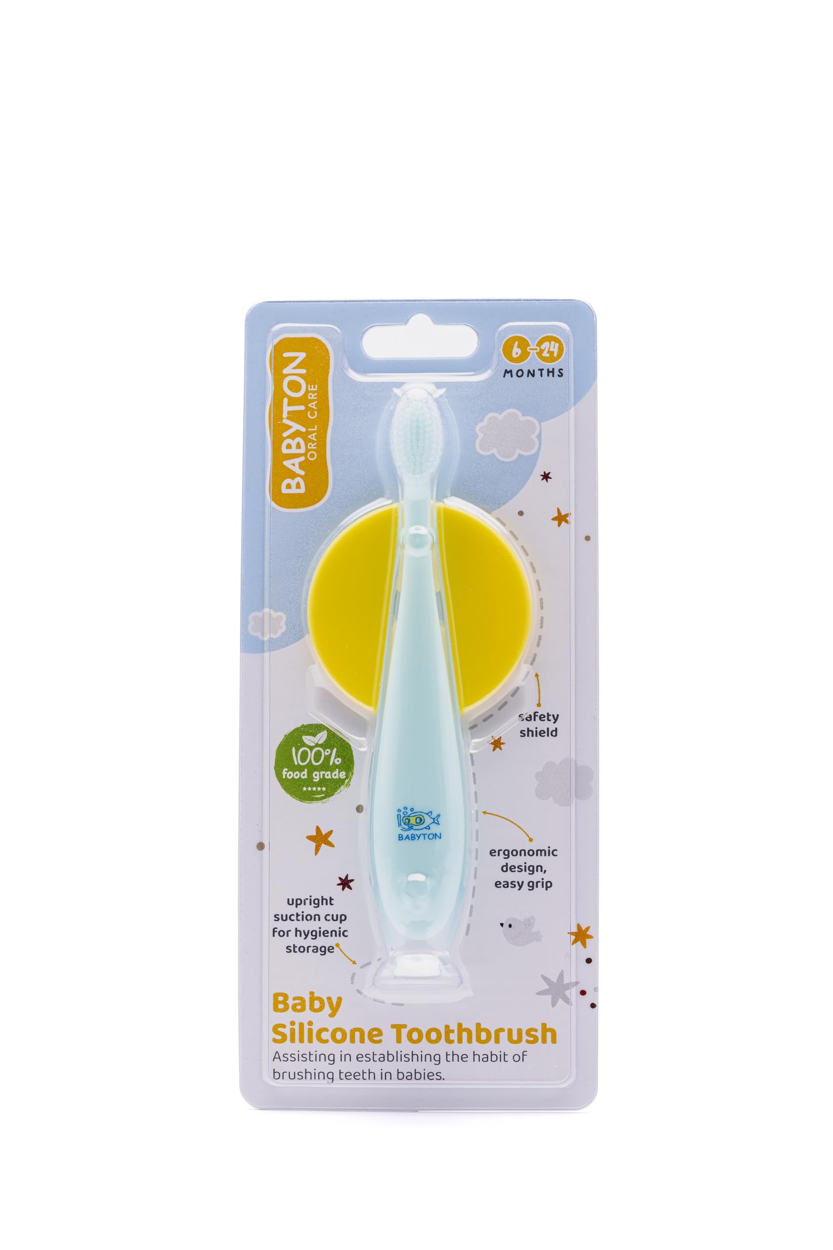 Babyton Baby Silicone Toothbrush - 100% Medical Grade Silicone, Safety Shield, BPA-Free for Babies 6-24 Months