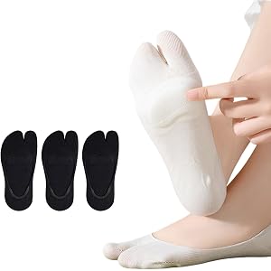 Cutey May Tabi No Show Socks for Women, Split Toe, Low Cut, 3 Pairs, White, Beige, and Black