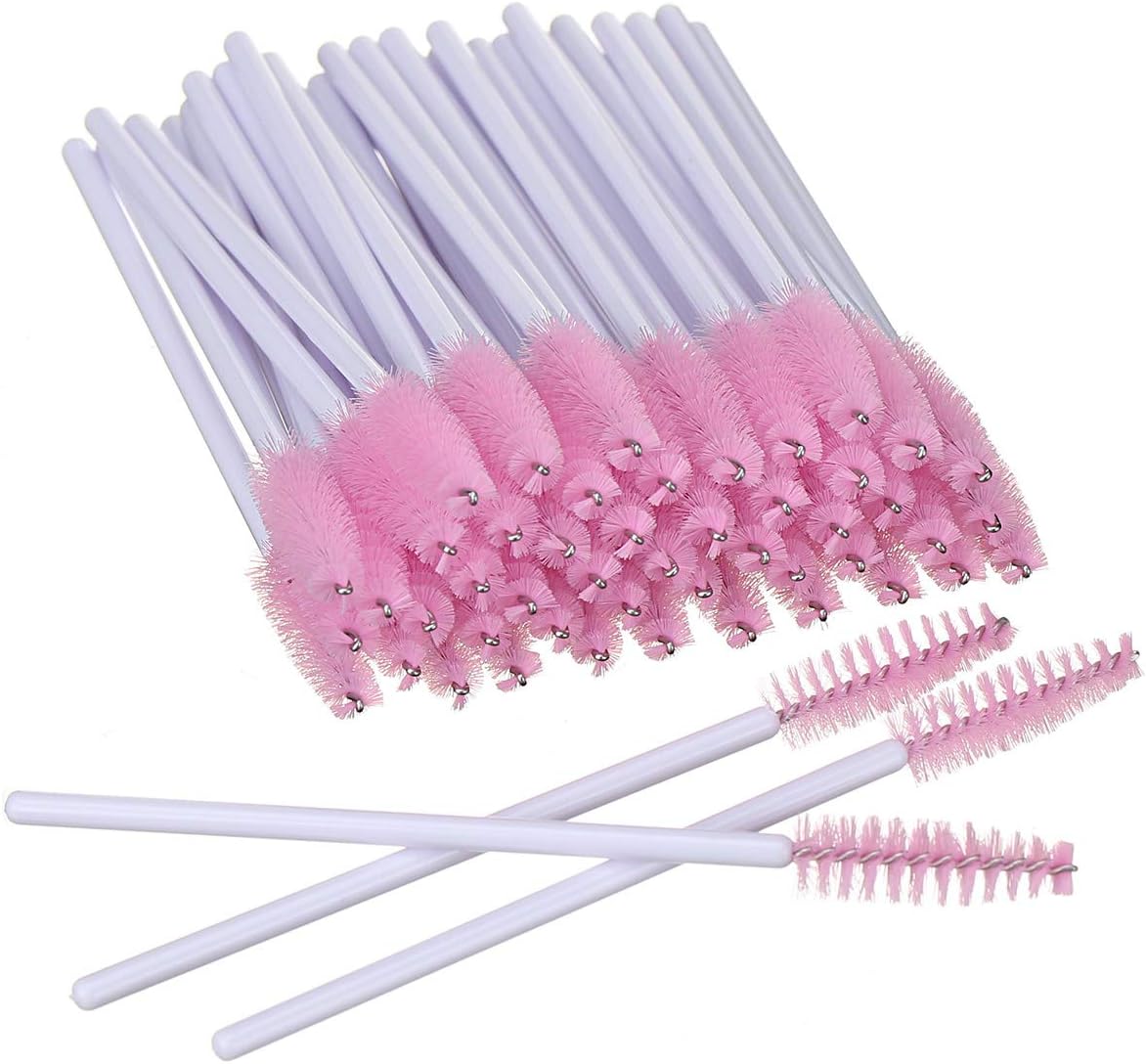 Elisel 100 PCS Mascara Brushes Disposable Eyelash Brushes Mascara Brushes Eye Lash Eyebrow Applicator Cosmetic Makeup Brush Tool Kits (White-Pink)
