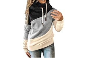 WEUIE Womens Cowl Neck Pullover Hoodie, Casual Color Block Long Sleeve Drawstring Sweatshirt Jumper Tunic Tops Plus Size S-5XL