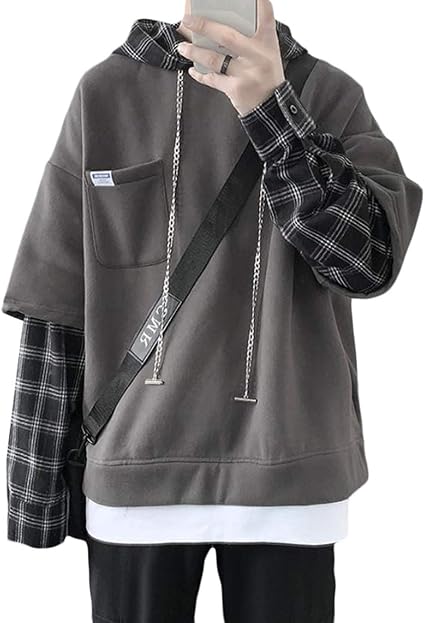Amazon Beibang バイバン パーカー メンズ 長袖 プルオーバー ゆったり トレーナー フード付き 重ね着風 チェック柄 おしゃれ トップス ストリート 原宿系 フードパーカー 秋 トレーナー パーカー 通販