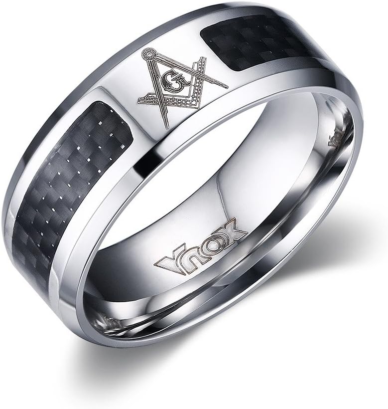 Stainless Steel Blue Black Carbon Fiber Inlay Polished Beveled Edge Masonic Wedding Ring Bands for Men,Freemason Ring