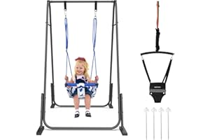 Slevoo 2 in 1 Baby Jumper and Swing, Toddler Swing Set with Foldable Stand, Ages 6 Months to 6 Years, for Indoor and Outdoor Fun, Black