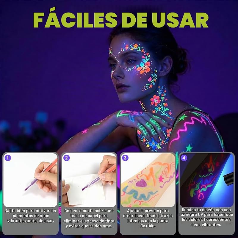 Pintacaras Infantil, 12 Colores UV Fluorescente Pintura Cara Niños Hipoalergenica, Pintura de Cara de Neón Brillante UV, Rotuladores Corporales para Piel Punta Individual para Halloween Carnaval — foto 5 de 8