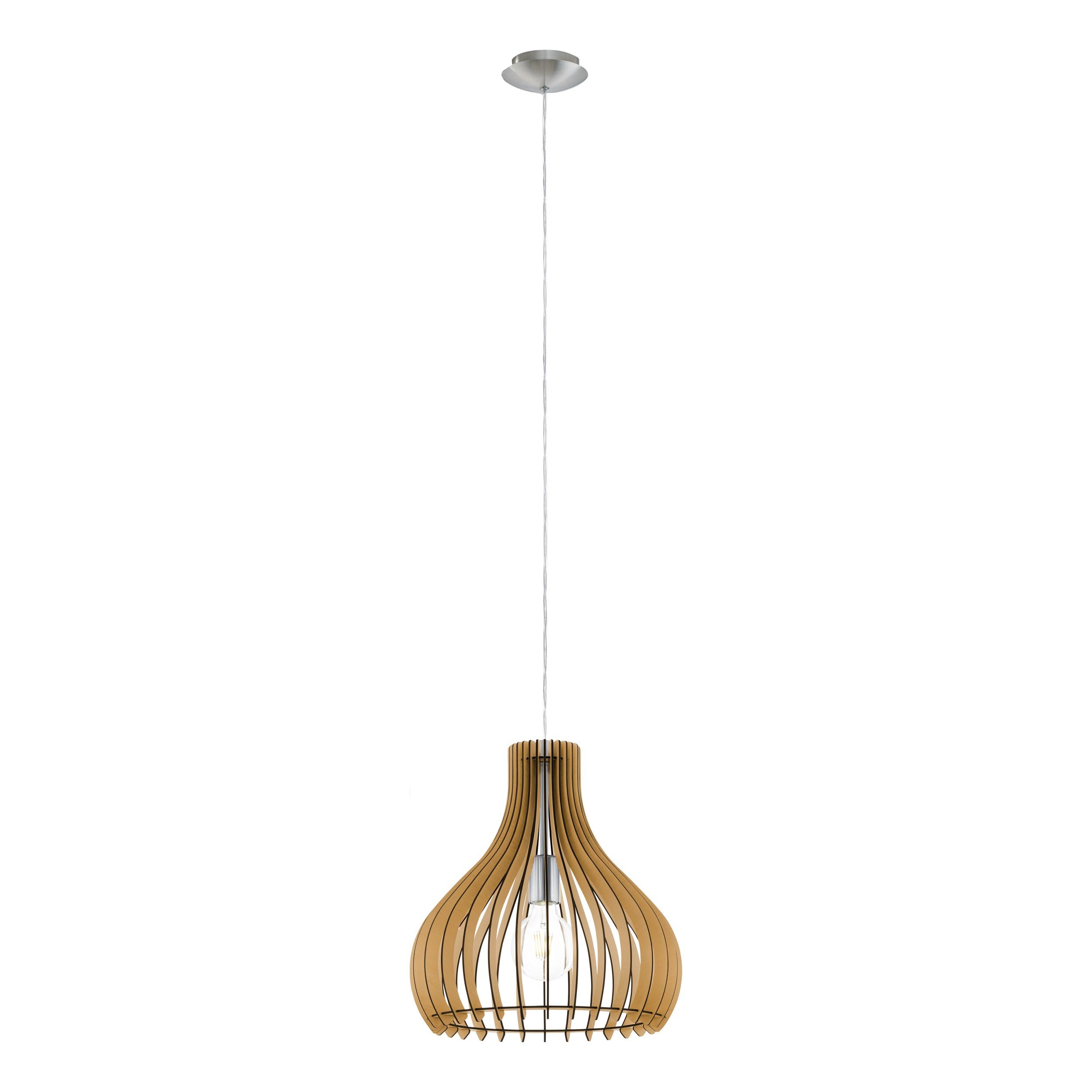 EGLO Tindori Pendant Light, 1-Bulb Vintage Pendant Light Made of Steel and Wood in Nickel Matt, Maple, Dining Table Lamp, Living Room Lamp Hanging with E27 Socket, Diameter 38 cm