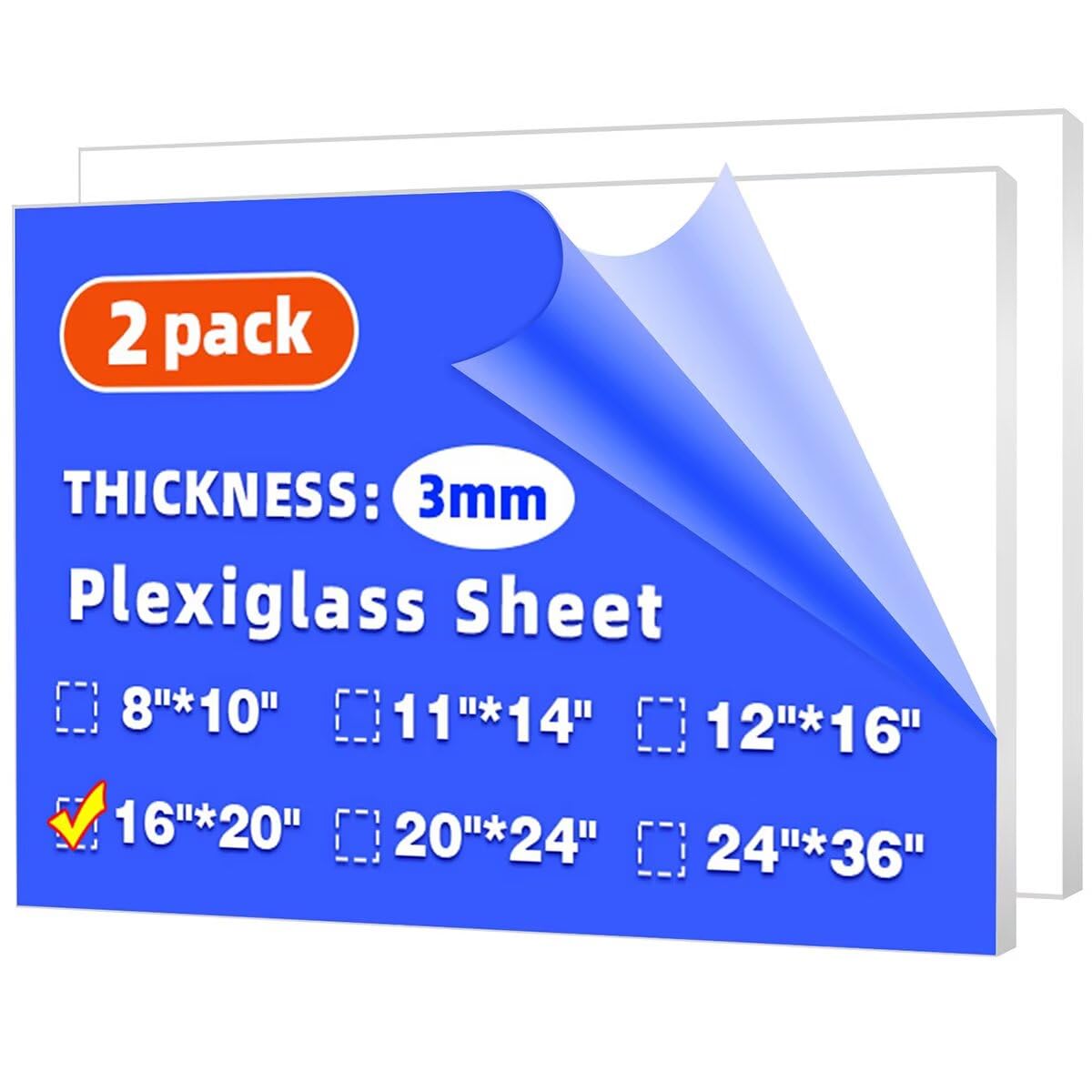 View 1 of (2 Pack) 16" x 20" Plexiglass Sheets 1/8 inch Thick (3mm), Clear Acrylic Sheets Panel Cut to Size Plexiglass Acrylic Board, Cut with Engraver, Power Saw or Hand Tools, No Laser Cut.