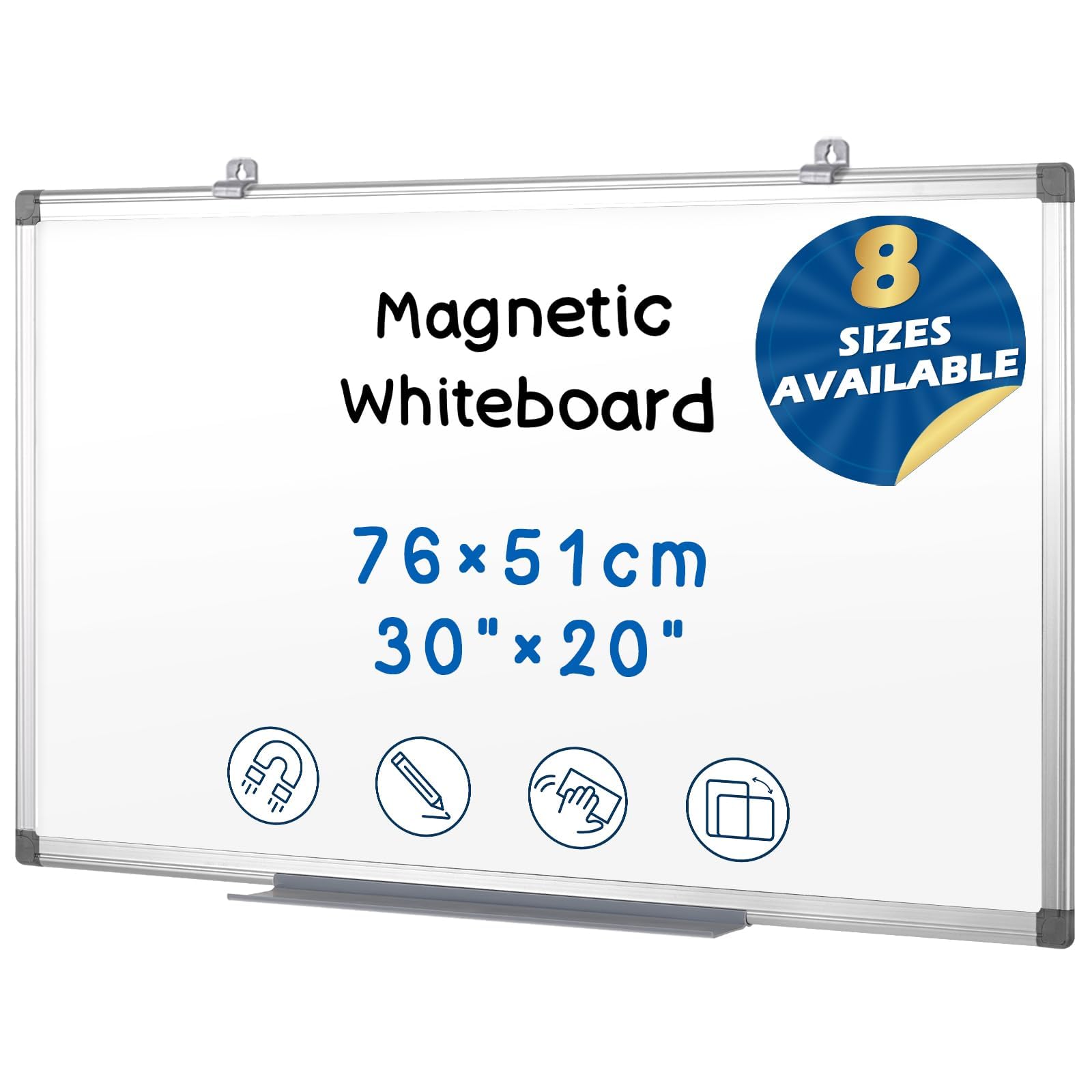 Swansea Whiteboard Magnetic Board for Wall 76x51cm Wipe Board with Pen Tray for School Office Home, Aluminum Frame