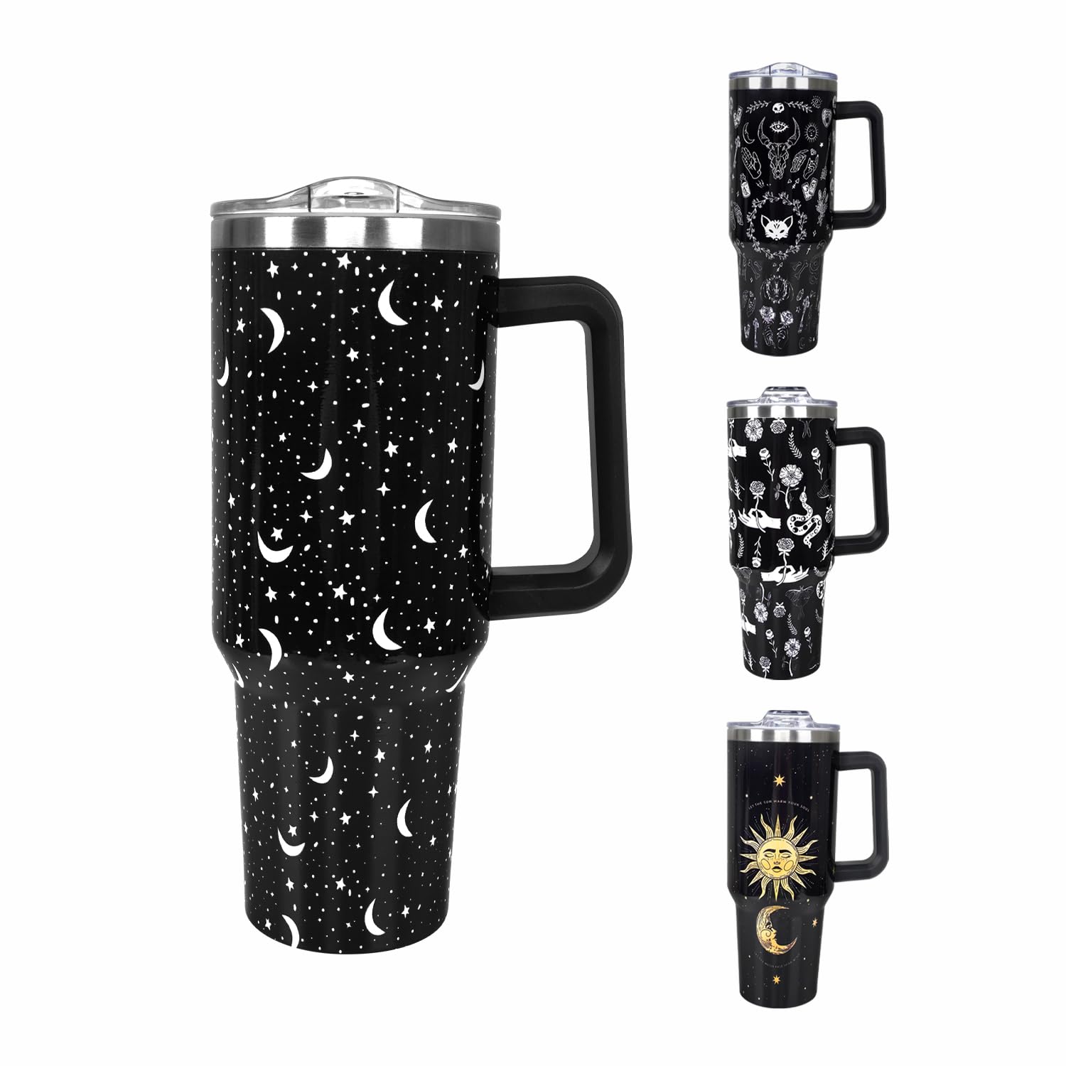 Photo 1 of ***DAMAGE -DENTED VINYL PEELING -SELLING AS IS *** LLZTWOWD 40oz Tumbler with Handle and Straw Stainless Steel Goth Star and Moon Water Bottle Double Wall Vacuum Reusable Travel Mug Hot or Cold Gothic Cup Gift for Man/Woman, large