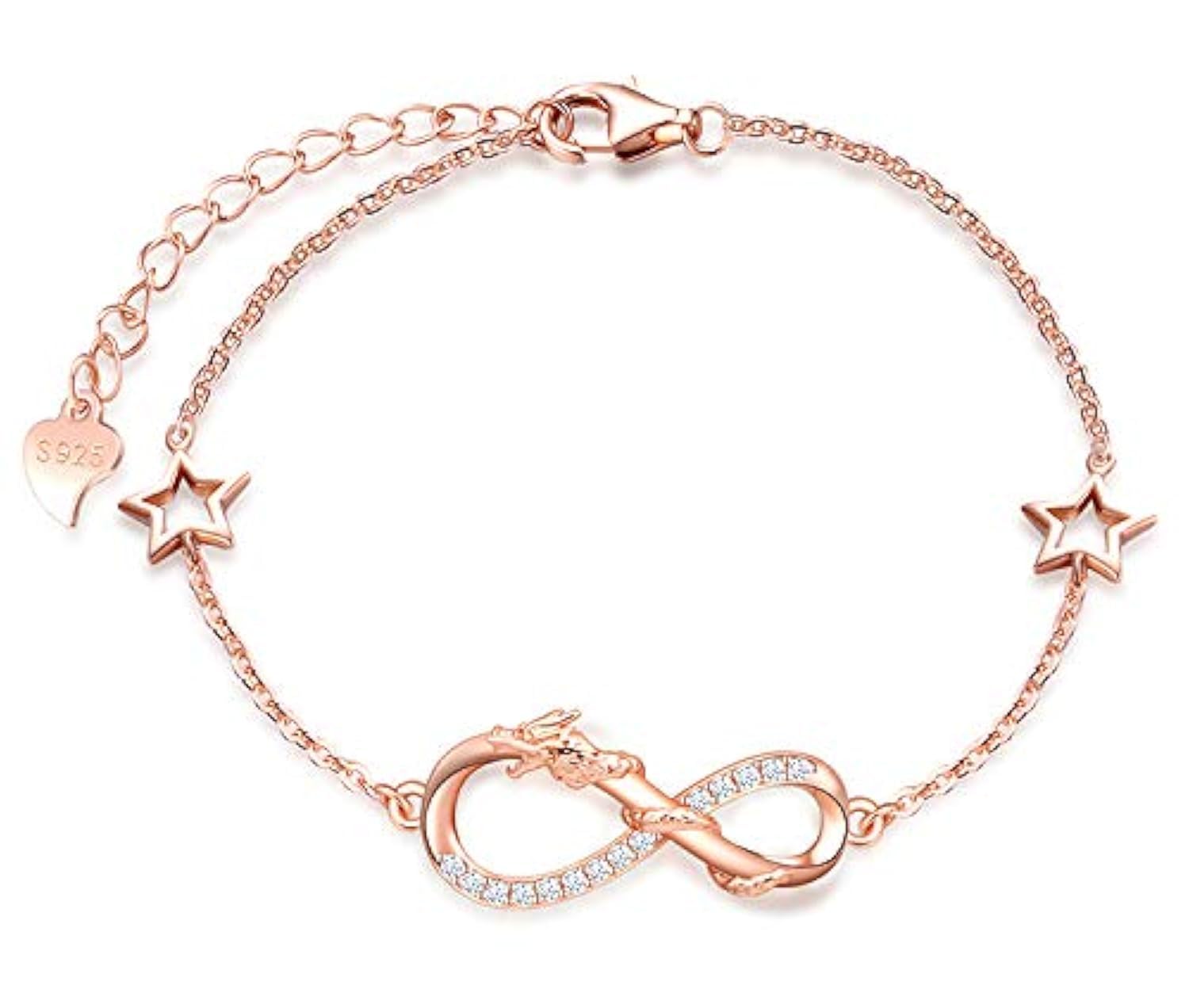 MicLee Woman's girl's Bracelet, 925 Sterling Silver bracelet, Lucky dragon and infinity symbol bracelet, with mini hollow star, Inlaid zircon, adjustable chain, design of animal bracelet