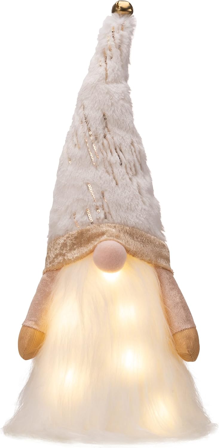 Tree Toppers - Valery Madelyn 16.5 Inch Pre-Lit Christmas Gnome Tree Topper, White and Gold Santa Tree Top with 3 Warm LED Lights for Christmas Holiday Party Tree Decoration, Battery Operated