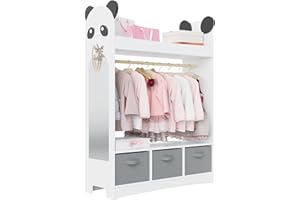HedoAjim Kids Dress Up Storage Rack Mirror Wood Child Wardrobe 2 Hooks 2 Fabric Bins Toddler Closet Girls Boys Open Hanging Armoire Storage Shelf Coat Costume Hat Shoe (White/Panda/Three Drawers)