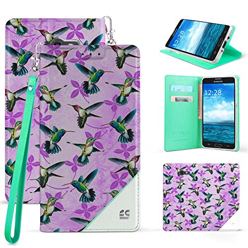 Galaxy J7 (2017), J7 Sky Pro, J7 Perx, Galaxy Halo, J7 V Case, Slim Dual Layer Hybrid Synthetic Leather Flip Wallet Cover With Built in kickstand Card Slot Wrist Strap Hummingbirds