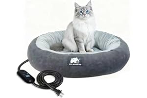 ZNOFAN Heated Cat Bed for Small Cats, 19" Soft & Cozy Donut Pet Bed with Timer & Temp Adjustable Heating Pad for Indoor Kitte