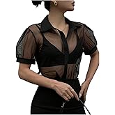 OYOANGLE Women's Sheer Button Up Blouse Puff Short Sleeve See Through Shirts Top Clubwear