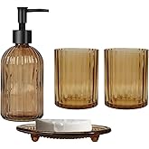 Glass Bathroom Accessories Set, 4Pcs Soap Dispenser Set Includes Soap Dispenser, Toothbrush Holder, Mouthwash Cup, Soap Dish for Home Decor, Countertop Vanity Organize (Brown)