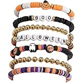 A-yeite Halloween Beaded Stackable Bracelets for Women Ghost Pumpkin Spider Boo Elastic Surfer Heishi Clay Bead Stretch Bracelets Set Party Holiday Jewelry Gift