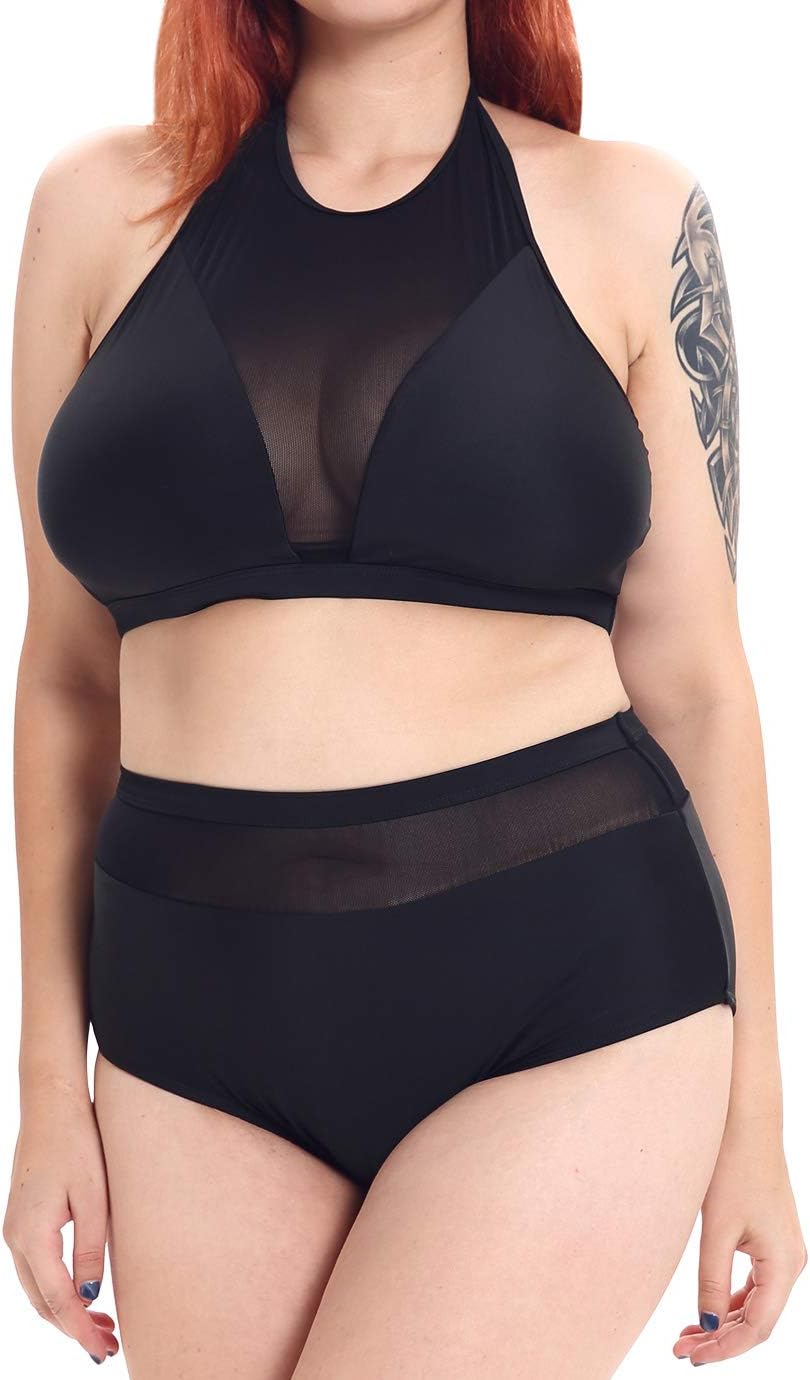 stripsky High Waisted Bikini Set, Crop Top Solid 2 Piece Swimsuit for Plus Women