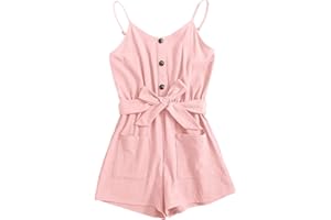 GAMISOTE Girls Romper Strappy Sleeveless Button Tie Front Jumpsuit With Pockets