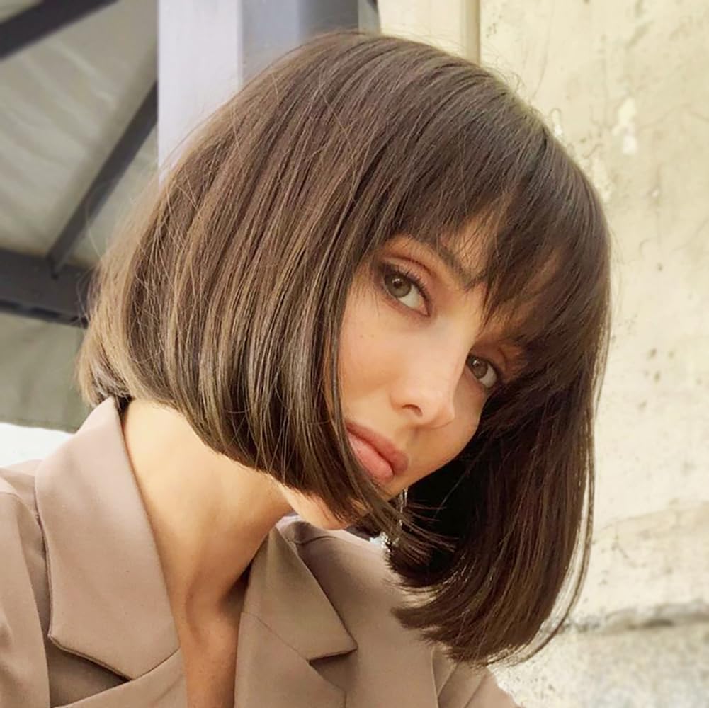 YEESHEDO Women's Short Bob Wigs Straight with Flat Bangs Colorful Hair Cosplay Party Halloween Costume Replacement Wig for Girls Heat Resistant Synthetic Natural As Real Hair 12"(Brown)