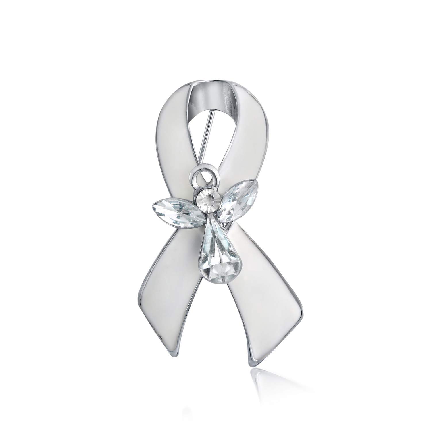 White Ribbon for Awareness Lung Cancer, Blindness, Peace, Holocaust Remembrance Survivor Guardian Angel Crystal Brooch Pin For Women Enamel Silver Plated