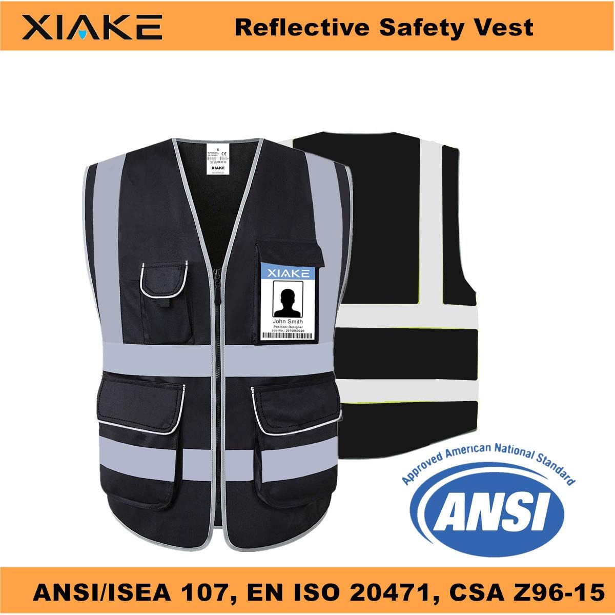 XIAKE 8 Pockets High Visibility Reflective Safety Vest, Zipper Front, ANSI/ISEA Standards, Black, Large - - 