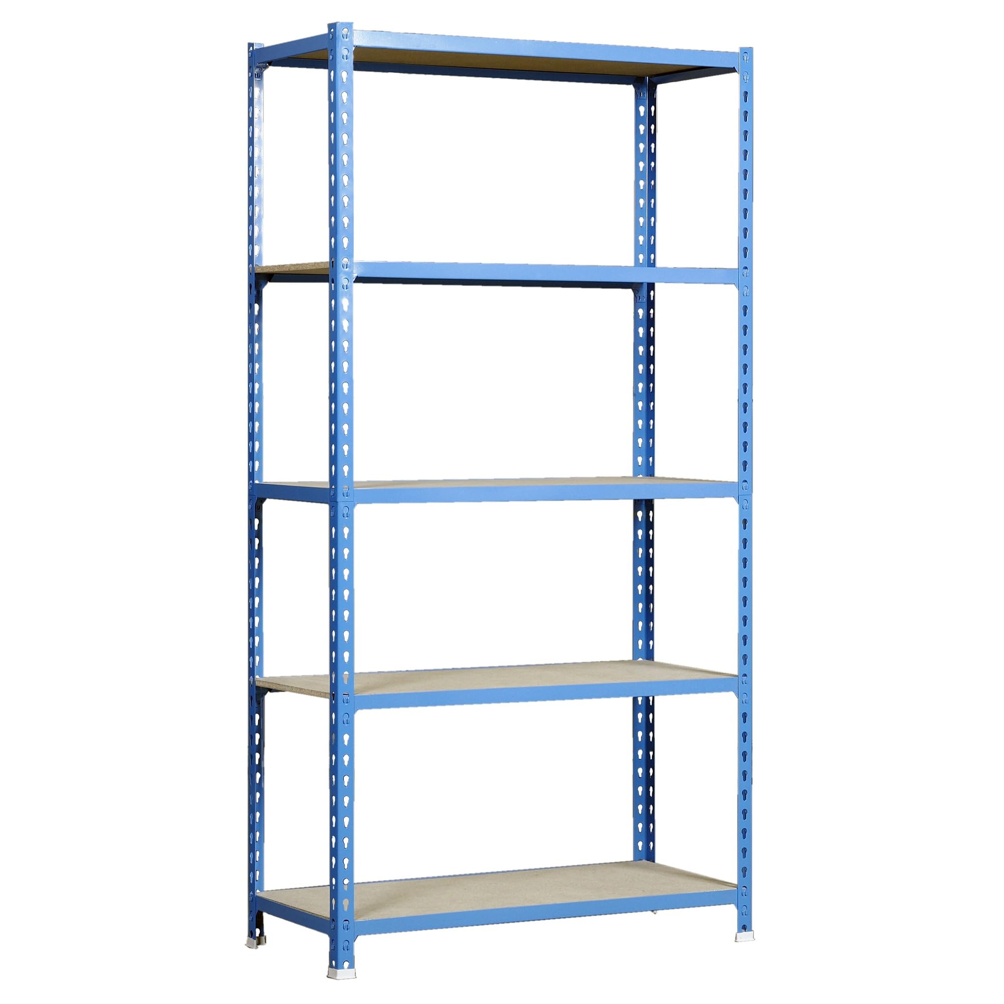 Simon Rack Garage Shelving Unit 1800x900x300 mm, 5 Tier Metal Rack with 16 mm MDF Shelves, 150 kg per Shelf, Blue/Wood – Maderclick
